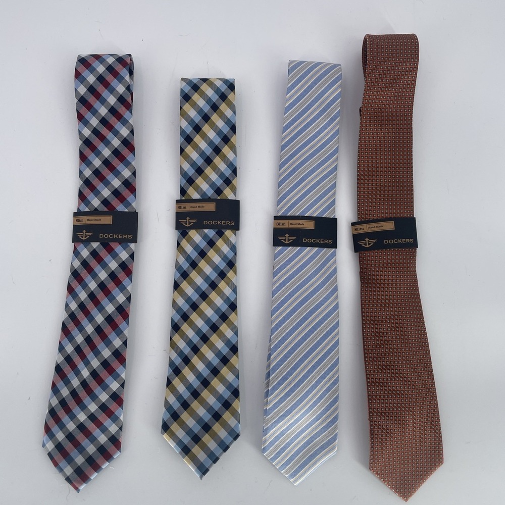 New Lot Of Four Dockers Men's‎ Neck Tie Polyester Silk Handmade Plaid Striped
